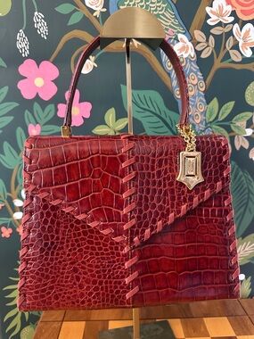 YSL Croc Embossed Whipstitch Baguette Shoulder Bag Cognac Gold Hardware